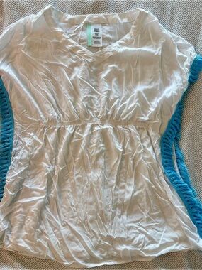 Girls White Casual V-Neck Dress with Turquoise Trim